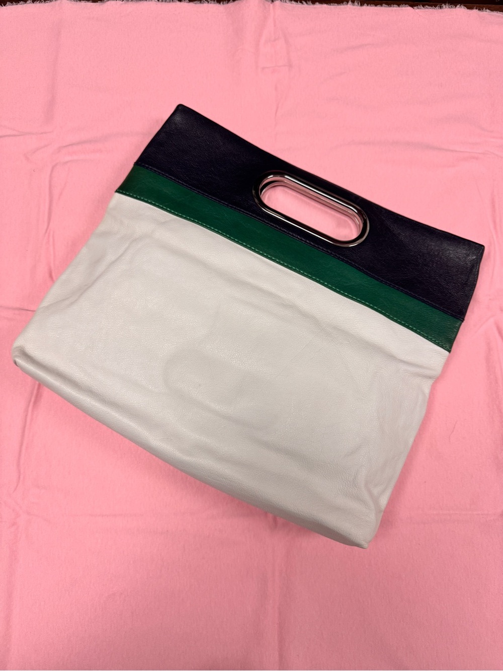 Banana Republic White, Green & Black Leather Tote with Metal Handle